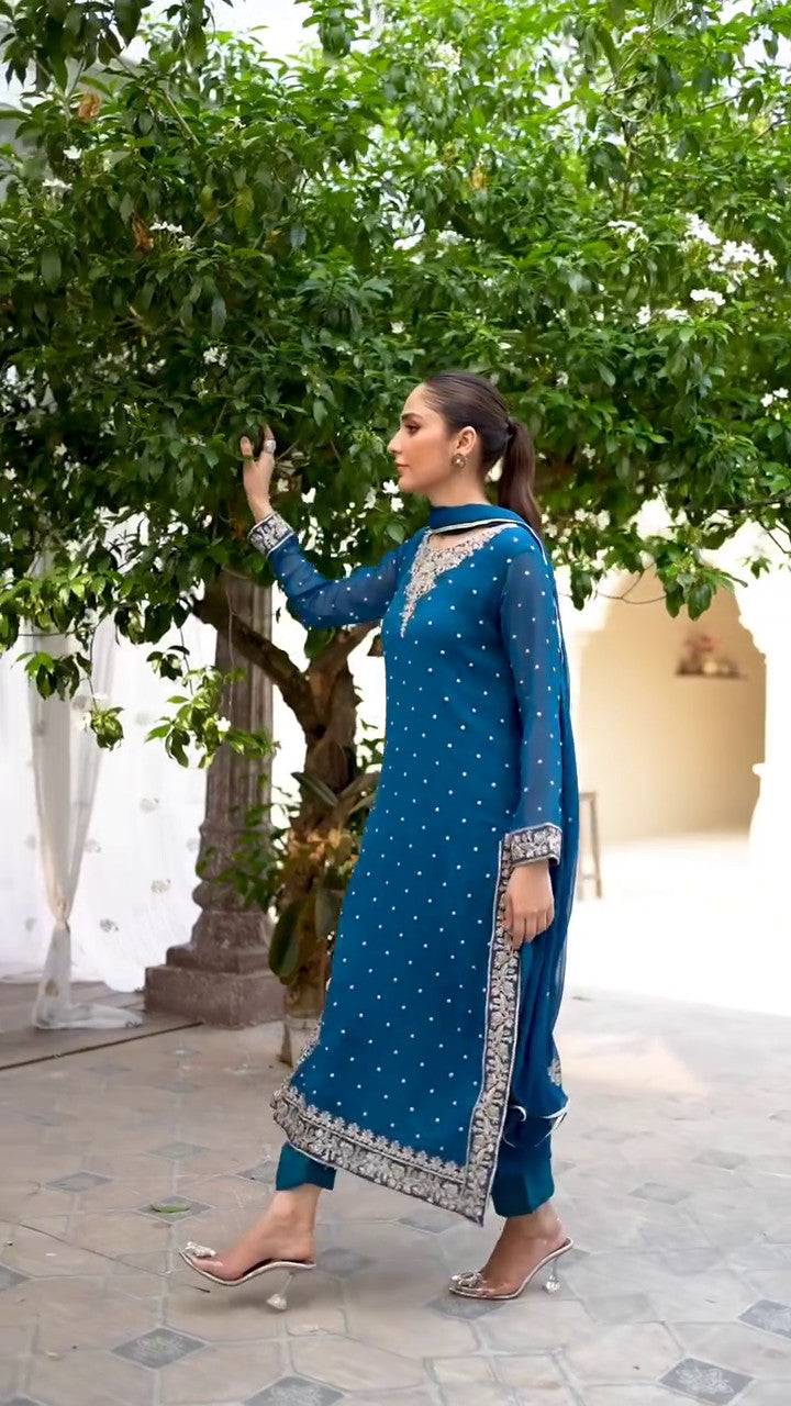 Royal Blue Embroidered Chiffon Kurta Set (3-Piece) - Image 8
