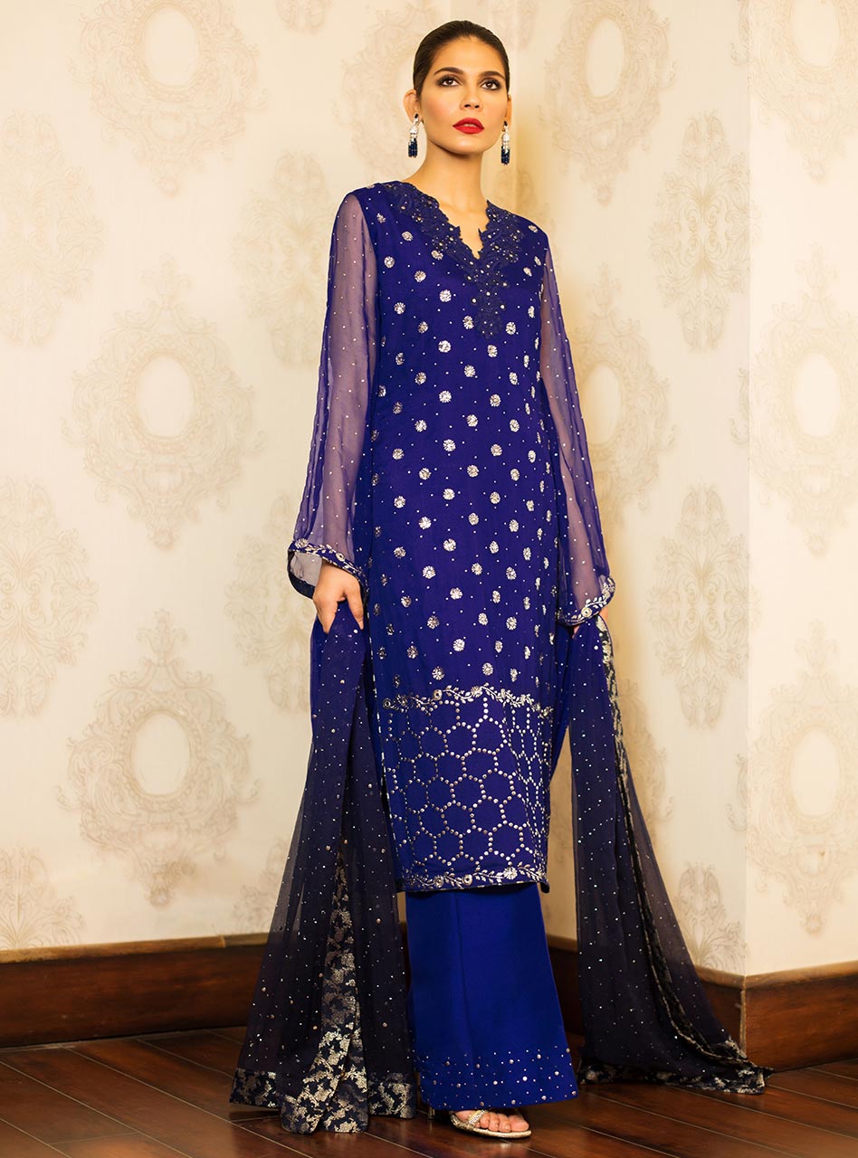 Pakistani Cobalt Blue Mukaish Embroidered Chiffon Salwar Kameez (3-Piece) - Image 1