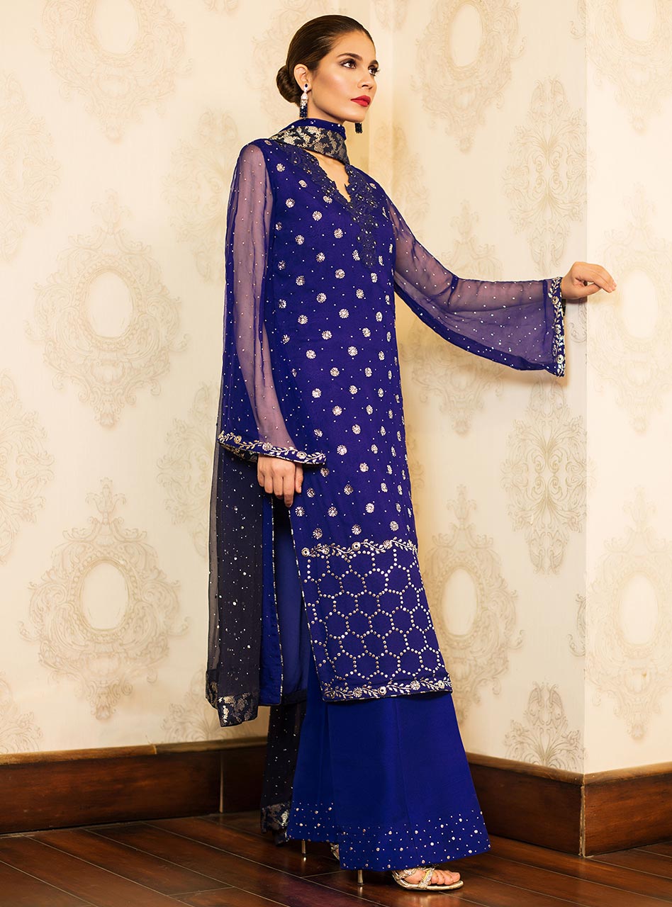 Pakistani Cobalt Blue Mukaish Embroidered Chiffon Salwar Kameez (3-Piece) - Image 2