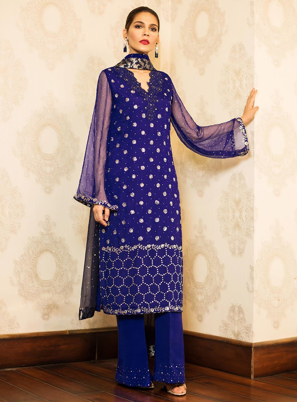 Pakistani Cobalt Blue Mukaish Embroidered Chiffon Salwar Kameez (3-Piece) - Image 3