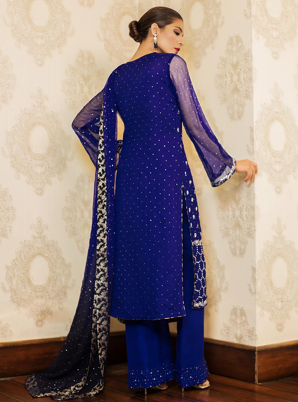 Pakistani Cobalt Blue Mukaish Embroidered Chiffon Salwar Kameez (3-Piece) - Image 4