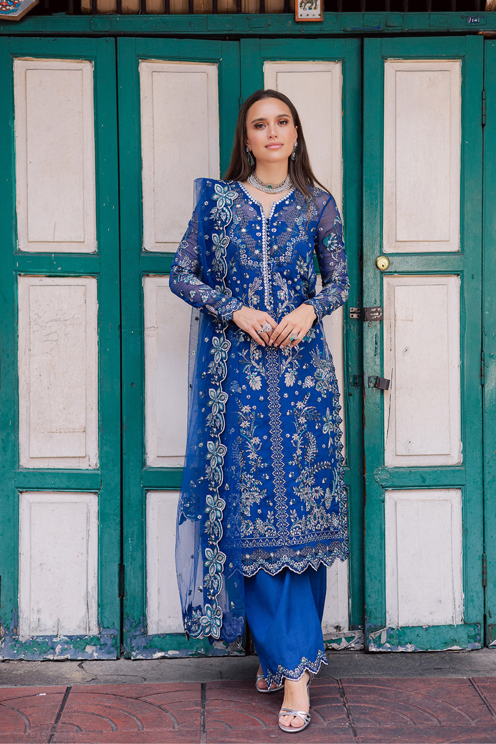 Royal Blue Embroidered Chiffon & Organza Suit (3-Piece) - Image 1