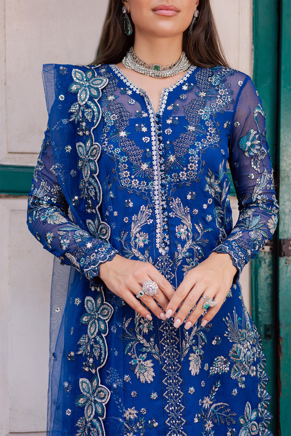 Royal Blue Embroidered Chiffon & Organza Suit (3-Piece) - Image 2
