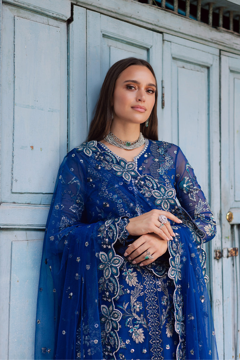 Royal Blue Embroidered Chiffon & Organza Suit (3-Piece) - Image 4