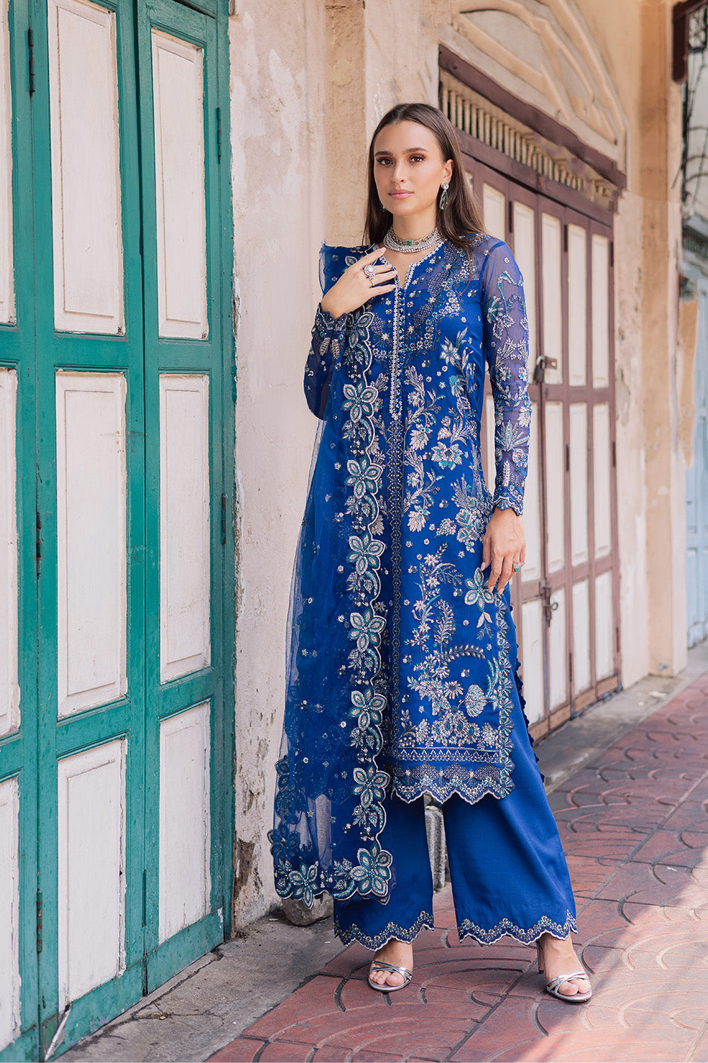 Royal Blue Embroidered Chiffon & Organza Suit (3-Piece) - Image 5