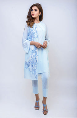 Pakistani Sky Blue Embroidered Chiffon Jacket Set (3-Piece) - Image 1