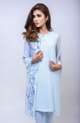 Pakistani Sky Blue Embroidered Chiffon Jacket Set (3-Piece) - Image 3