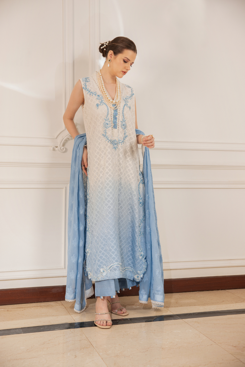 Pakistani White & Sky Blue Embroidered Chiffon Silk Salwar Kameez (3-Piece) - Image 2