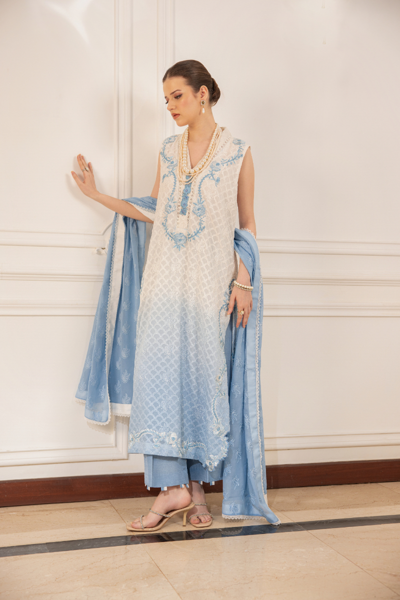 Pakistani White & Sky Blue Embroidered Chiffon Silk Salwar Kameez (3-Piece) - Image 3