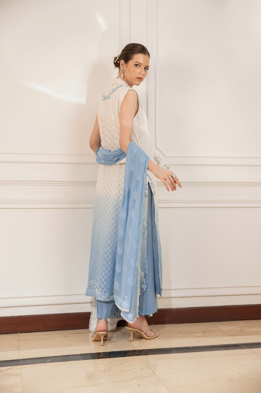 Pakistani White & Sky Blue Embroidered Chiffon Silk Salwar Kameez (3-Piece) - Image 4