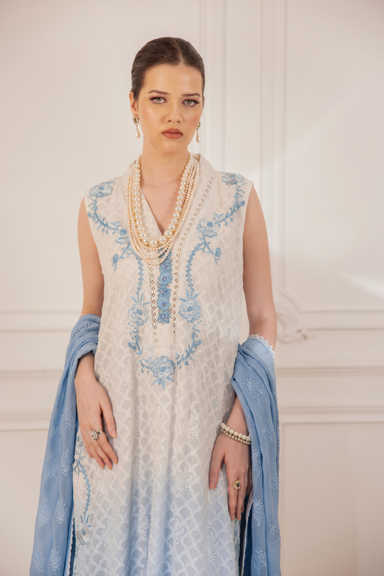 Pakistani White & Sky Blue Embroidered Chiffon Silk Salwar Kameez (3-Piece) - Image 5