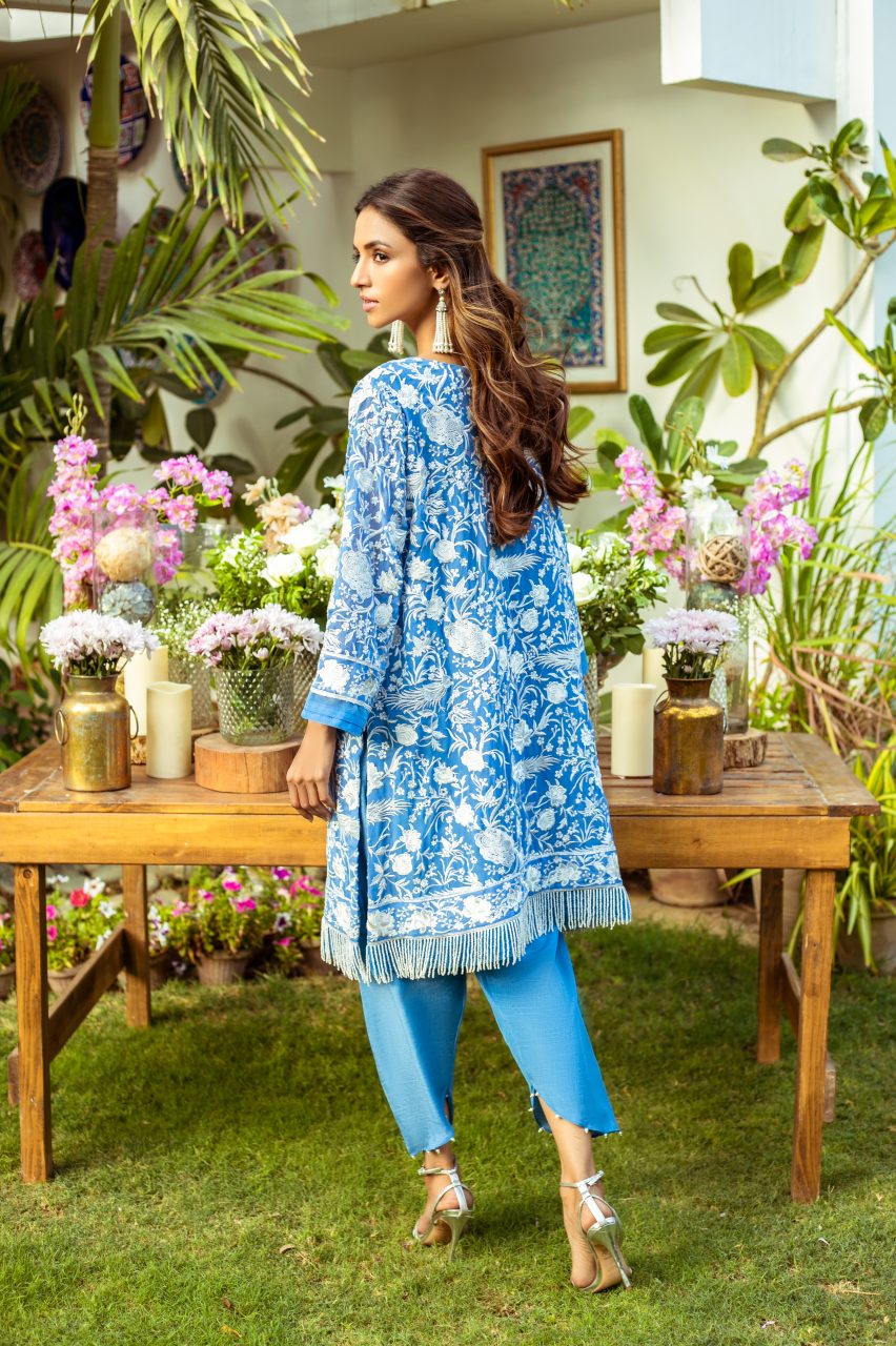 Blue Gaara Embroidered Chiffon Kurta Set (2-Piece) - Image 4