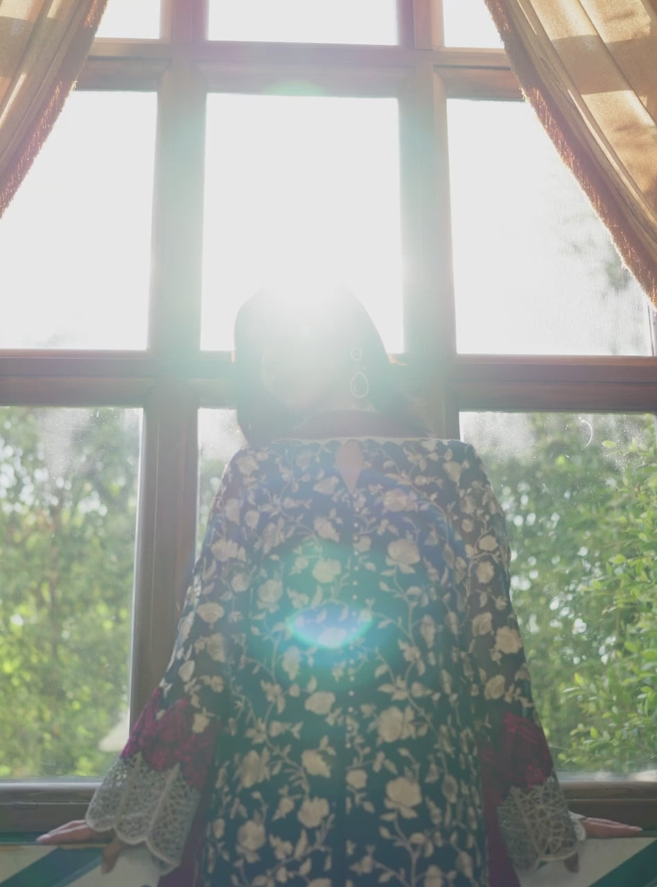 Deep Blue Embroidered Chiffon Long Shirt (3-Piece) - Image 10