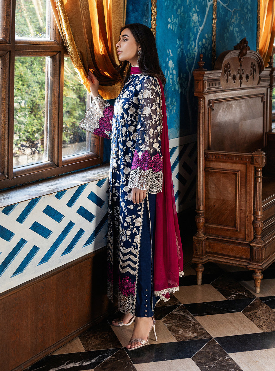 Deep Blue Embroidered Chiffon Long Shirt (3-Piece) - Image 4