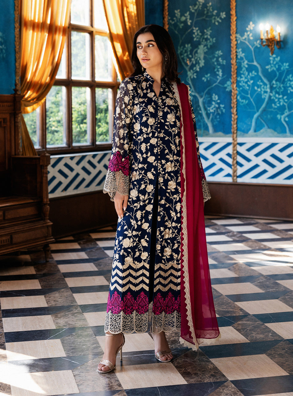 Deep Blue Embroidered Chiffon Long Shirt (3-Piece) - Image 5