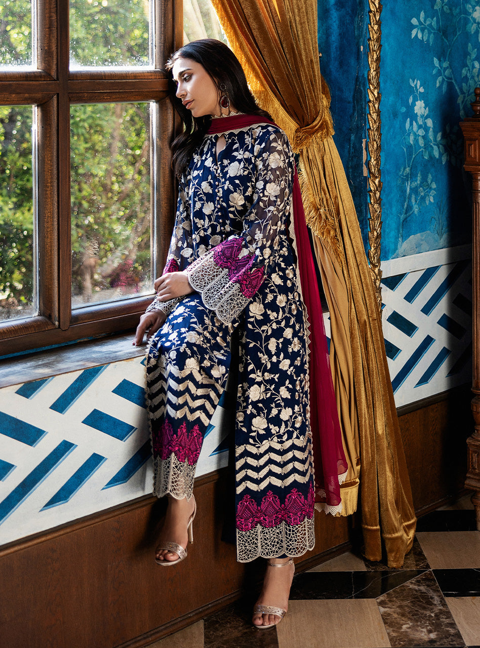 Deep Blue Embroidered Chiffon Long Shirt (3-Piece) - Image 8