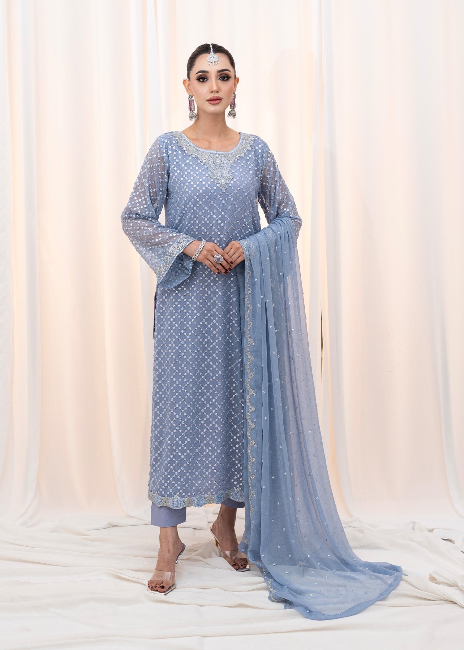 Powder Blue Embroidered Chiffon Kurta Set (3-Piece) - Image 1