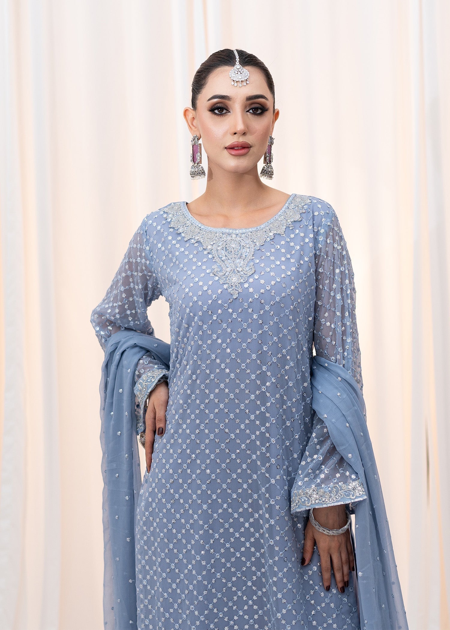 Powder Blue Embroidered Chiffon Kurta Set (3-Piece) - Image 2
