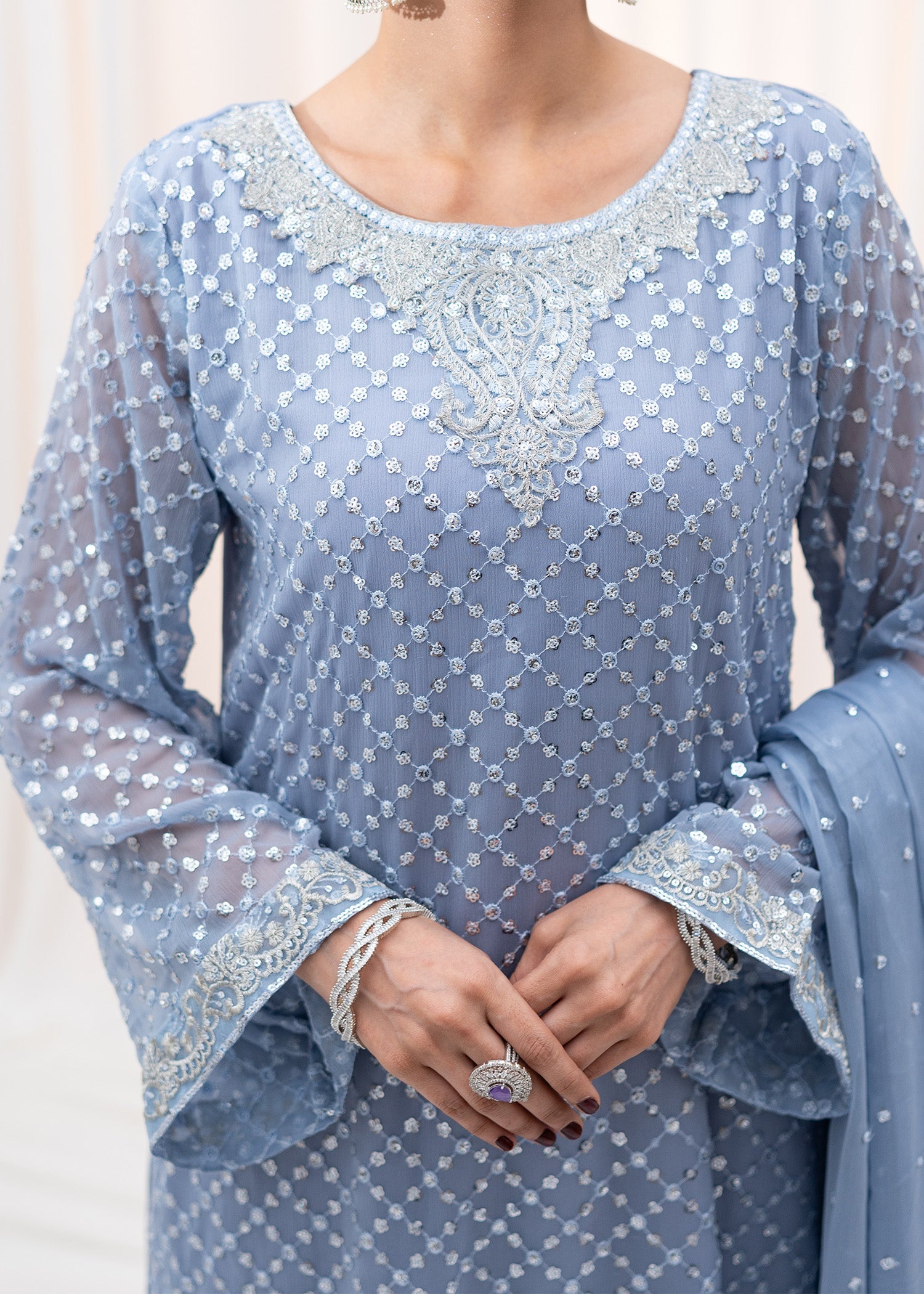 Powder Blue Embroidered Chiffon Kurta Set (3-Piece) - Image 3
