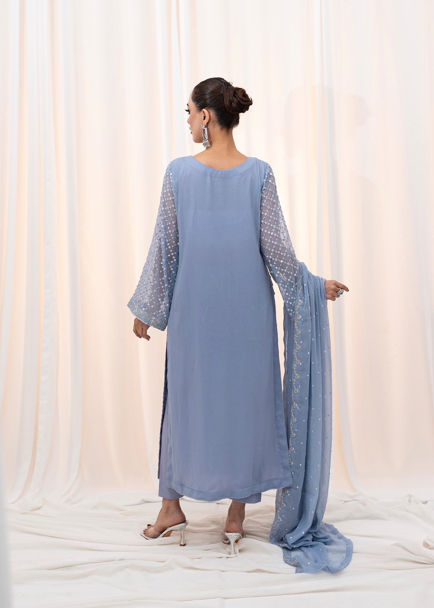Powder Blue Embroidered Chiffon Kurta Set (3-Piece) - Image 4