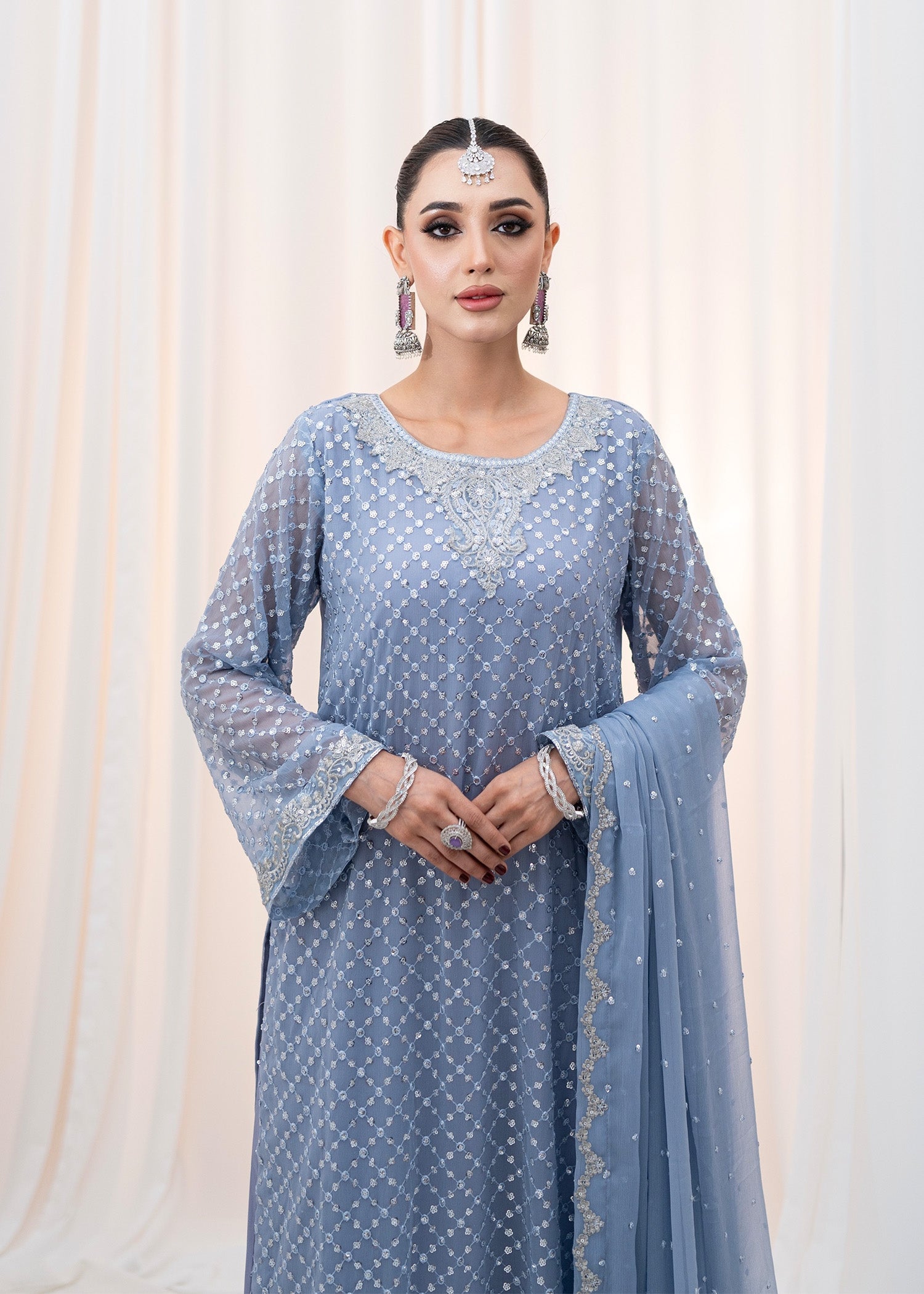 Powder Blue Embroidered Chiffon Kurta Set (3-Piece) - Image 5