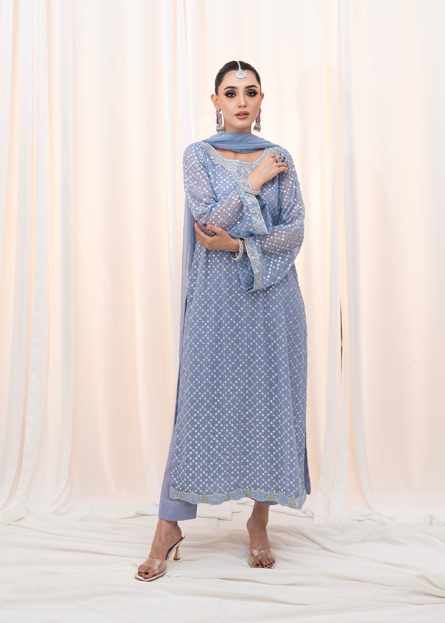Powder Blue Embroidered Chiffon Kurta Set (3-Piece) - Image 6