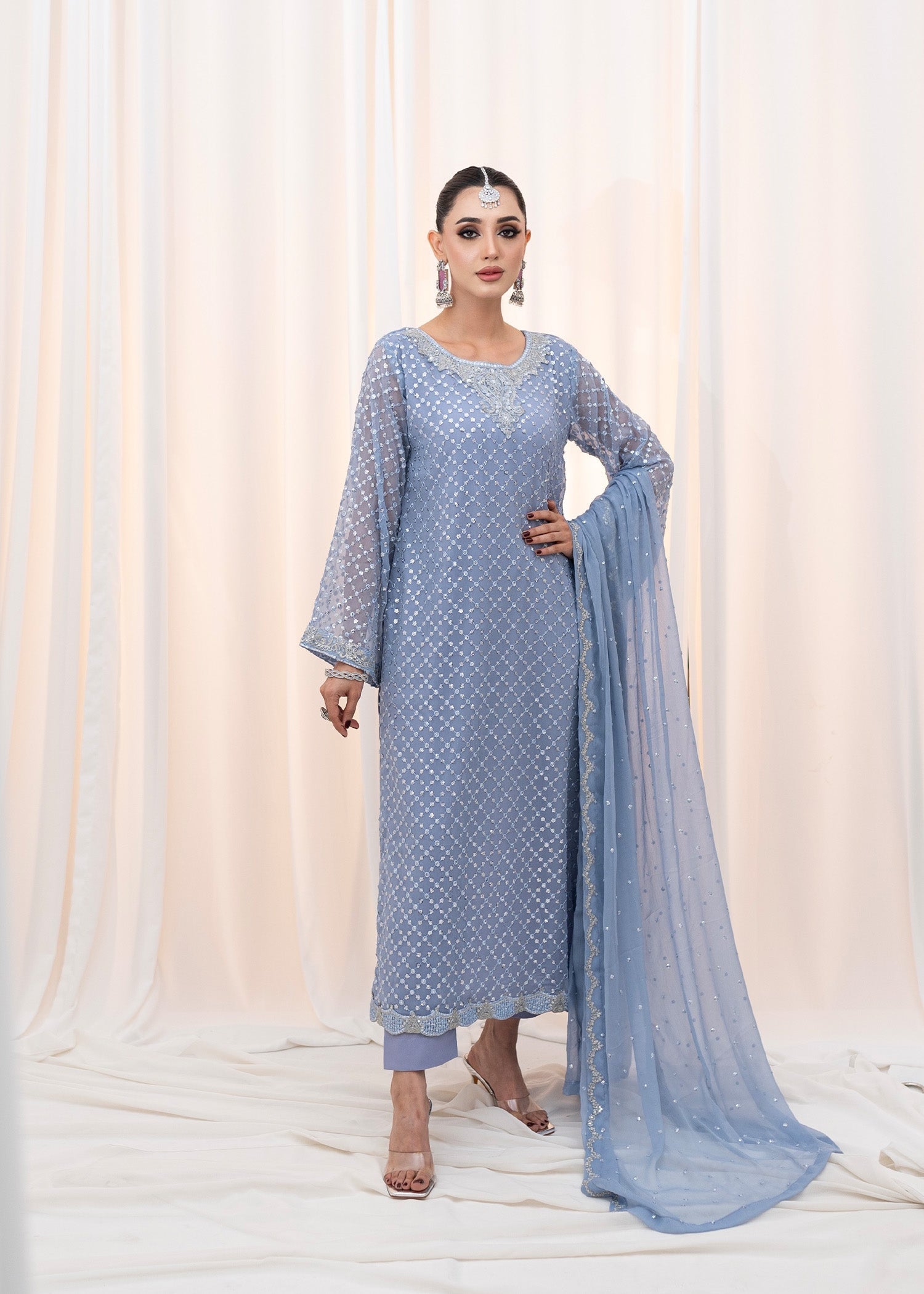 Powder Blue Embroidered Chiffon Kurta Set (3-Piece) - Image 7