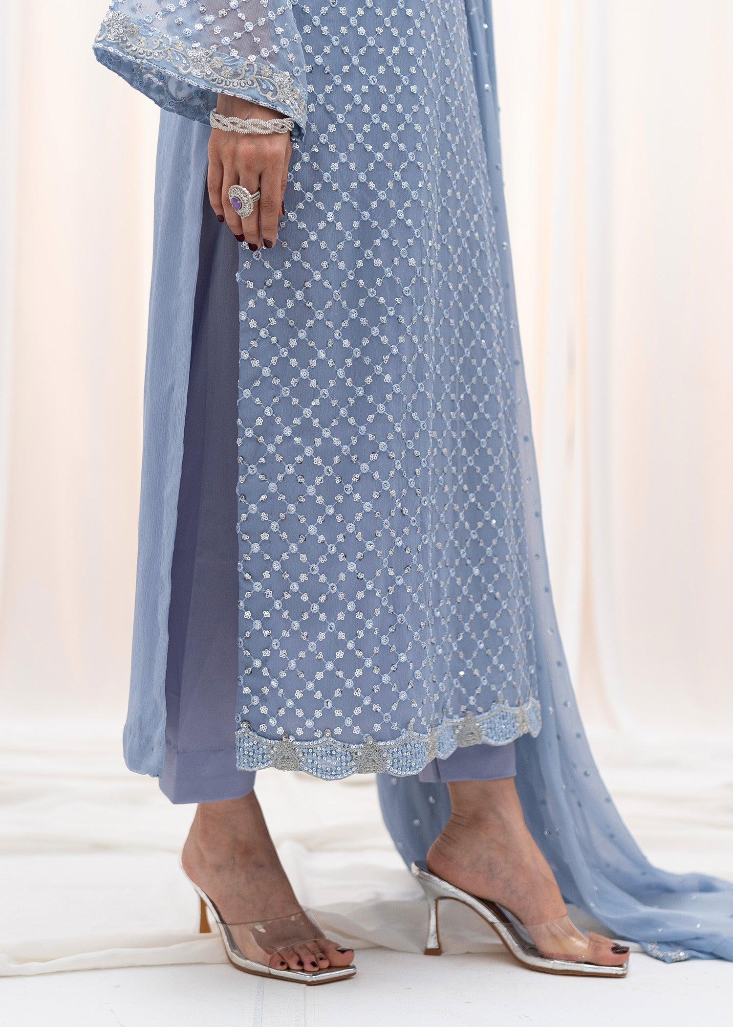 Powder Blue Embroidered Chiffon Kurta Set (3-Piece) - Image 8