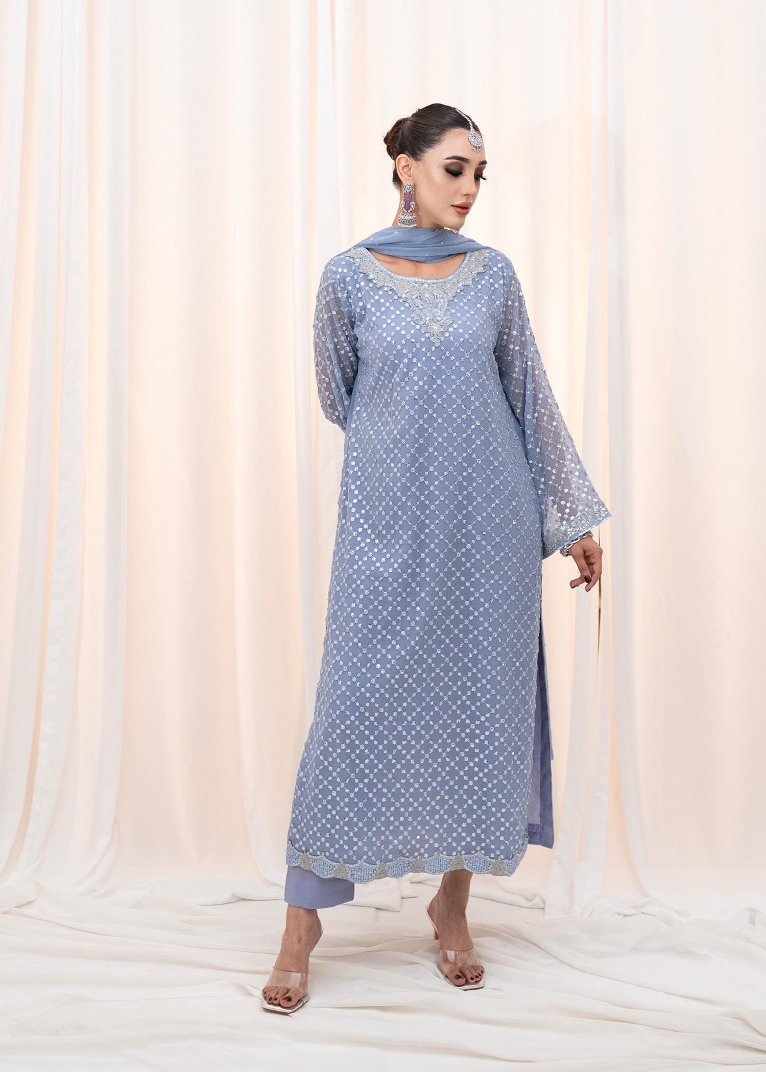 Powder Blue Embroidered Chiffon Kurta Set (3-Piece) - Image 9