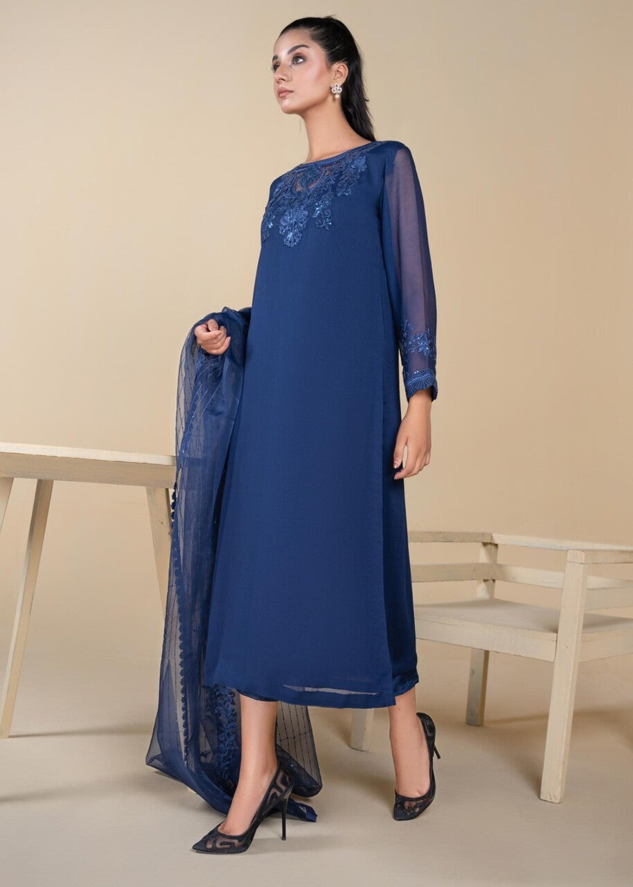Dark Blue Embroidered Chiffon Kurta Set (3-Piece) - Image 1