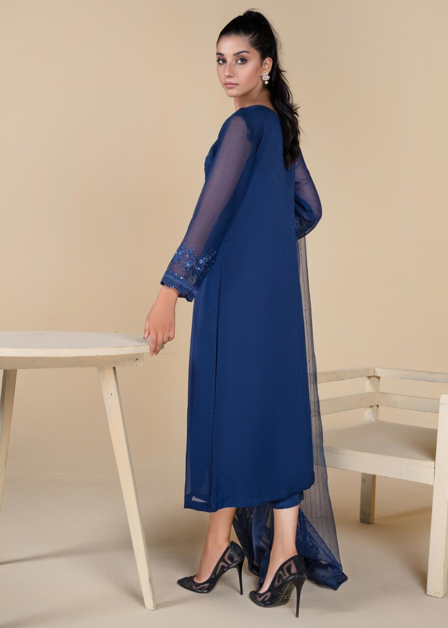 Dark Blue Embroidered Chiffon Kurta Set (3-Piece) - Image 2