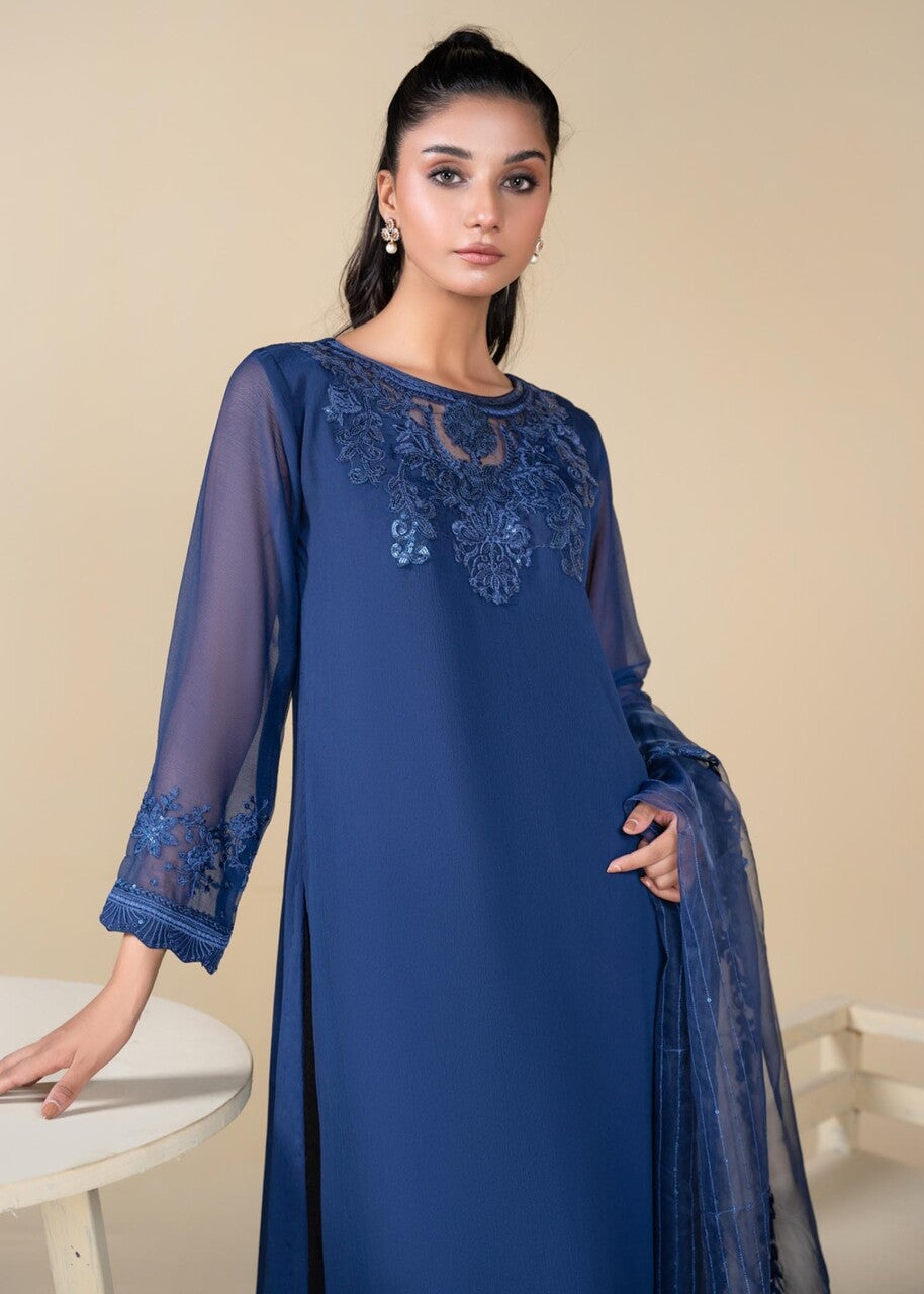 Dark Blue Embroidered Chiffon Kurta Set (3-Piece) - Image 3