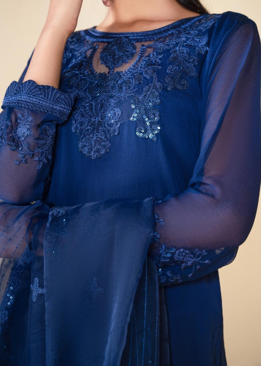 Dark Blue Embroidered Chiffon Kurta Set (3-Piece) - Image 4