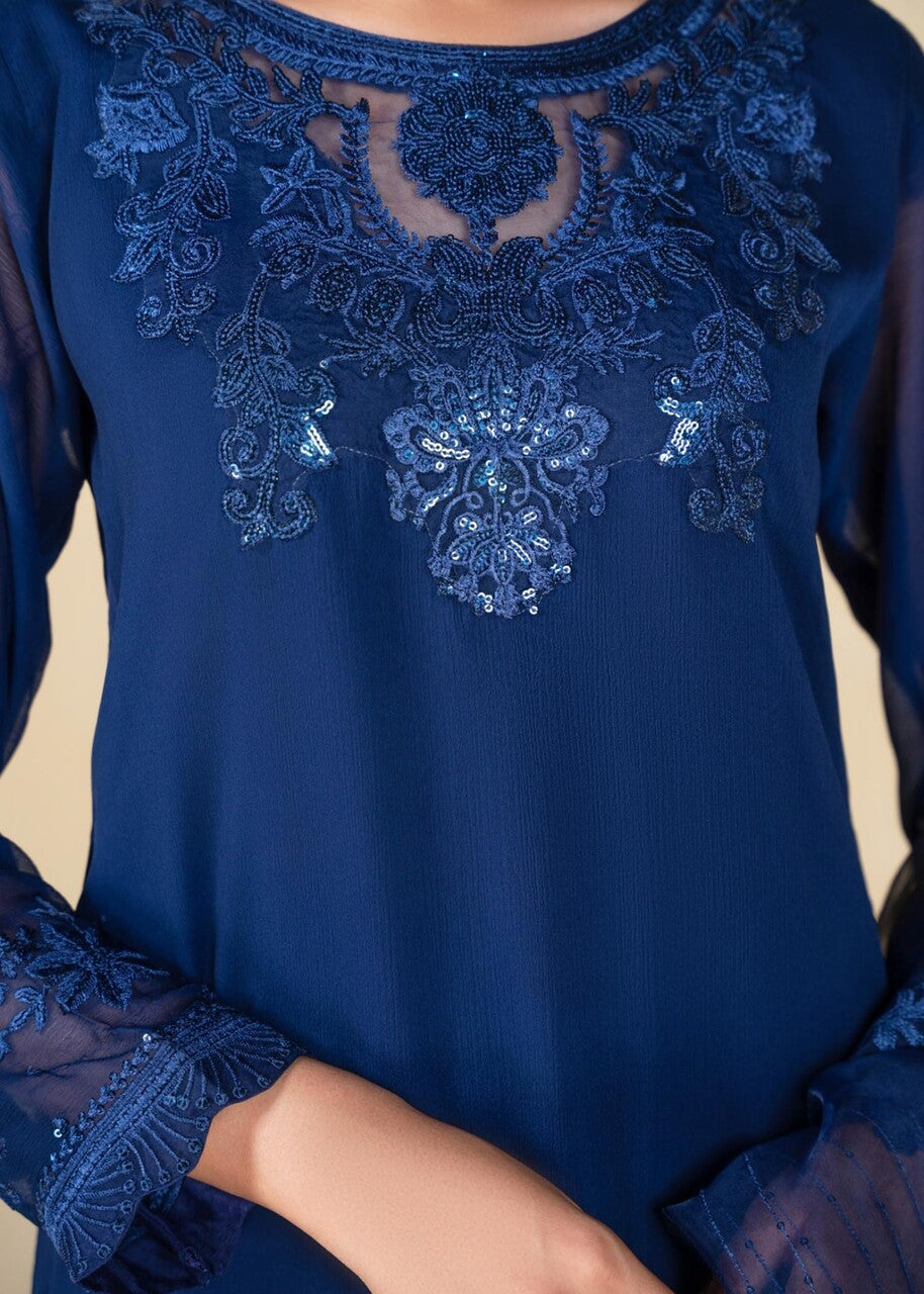 Dark Blue Embroidered Chiffon Kurta Set (3-Piece) - Image 5