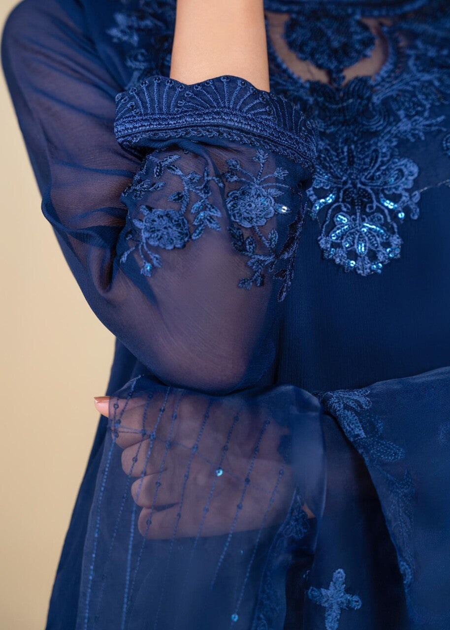 Dark Blue Embroidered Chiffon Kurta Set (3-Piece) - Image 6