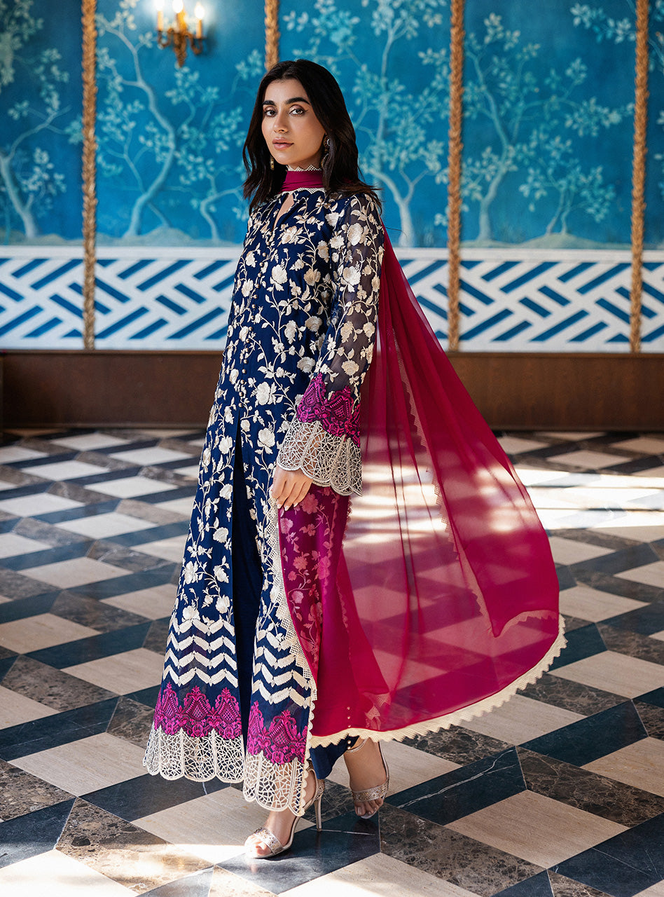 Deep Blue Embroidered Chiffon Long Shirt (3-Piece) - Image 4