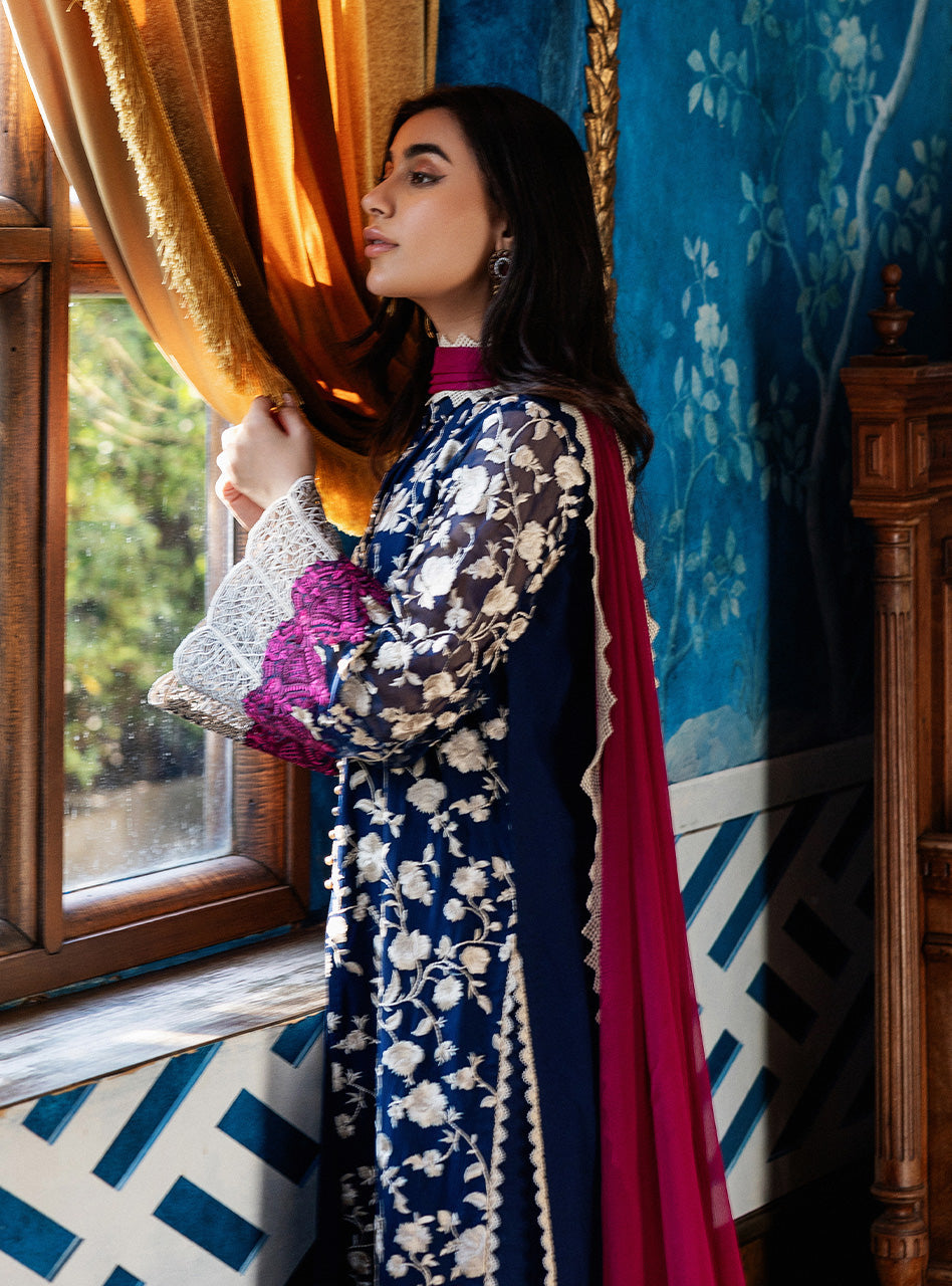 Deep Blue Embroidered Chiffon Long Shirt (3-Piece) - Image 6