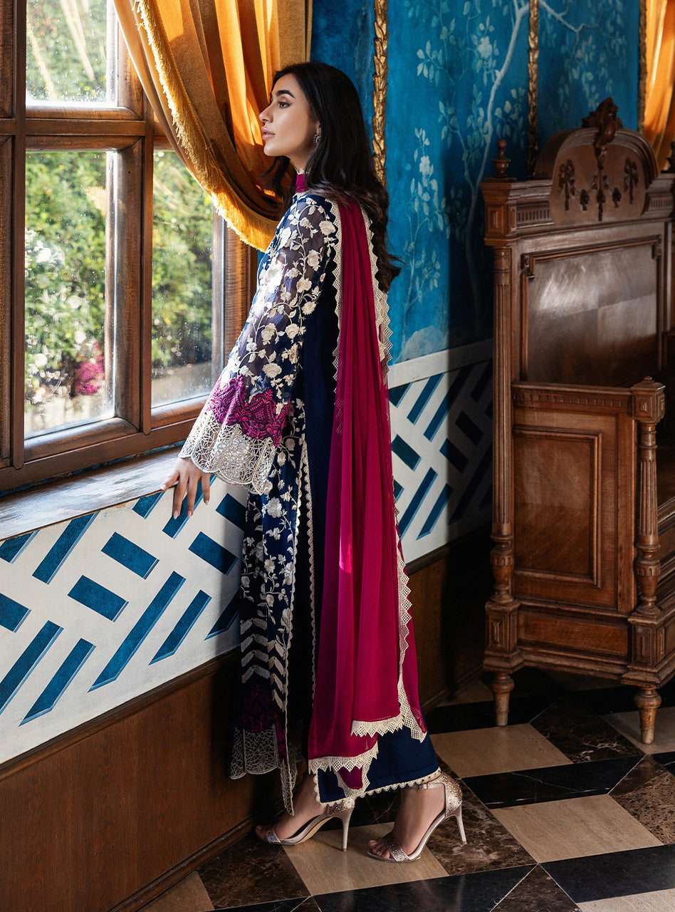 Deep Blue Embroidered Chiffon Long Shirt (3-Piece) - Image 8