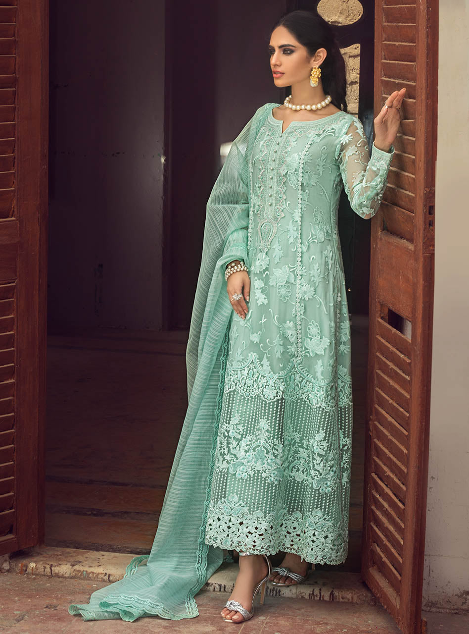 Pakistani Aqua Embroidered Chiffon Salwar Kameez (3-Piece) - Image 1