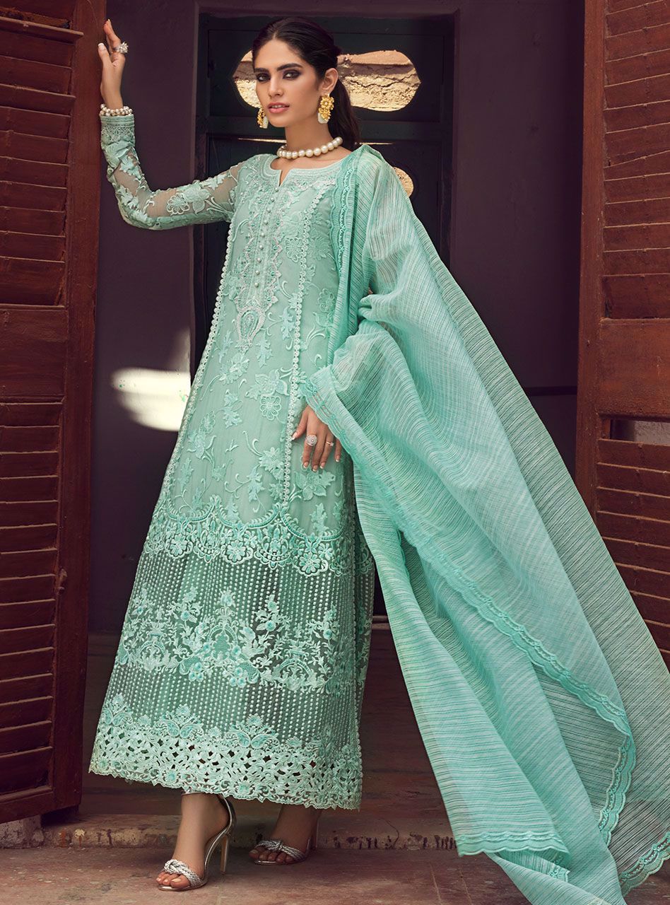 Pakistani Aqua Embroidered Chiffon Salwar Kameez (3-Piece) - Image 3