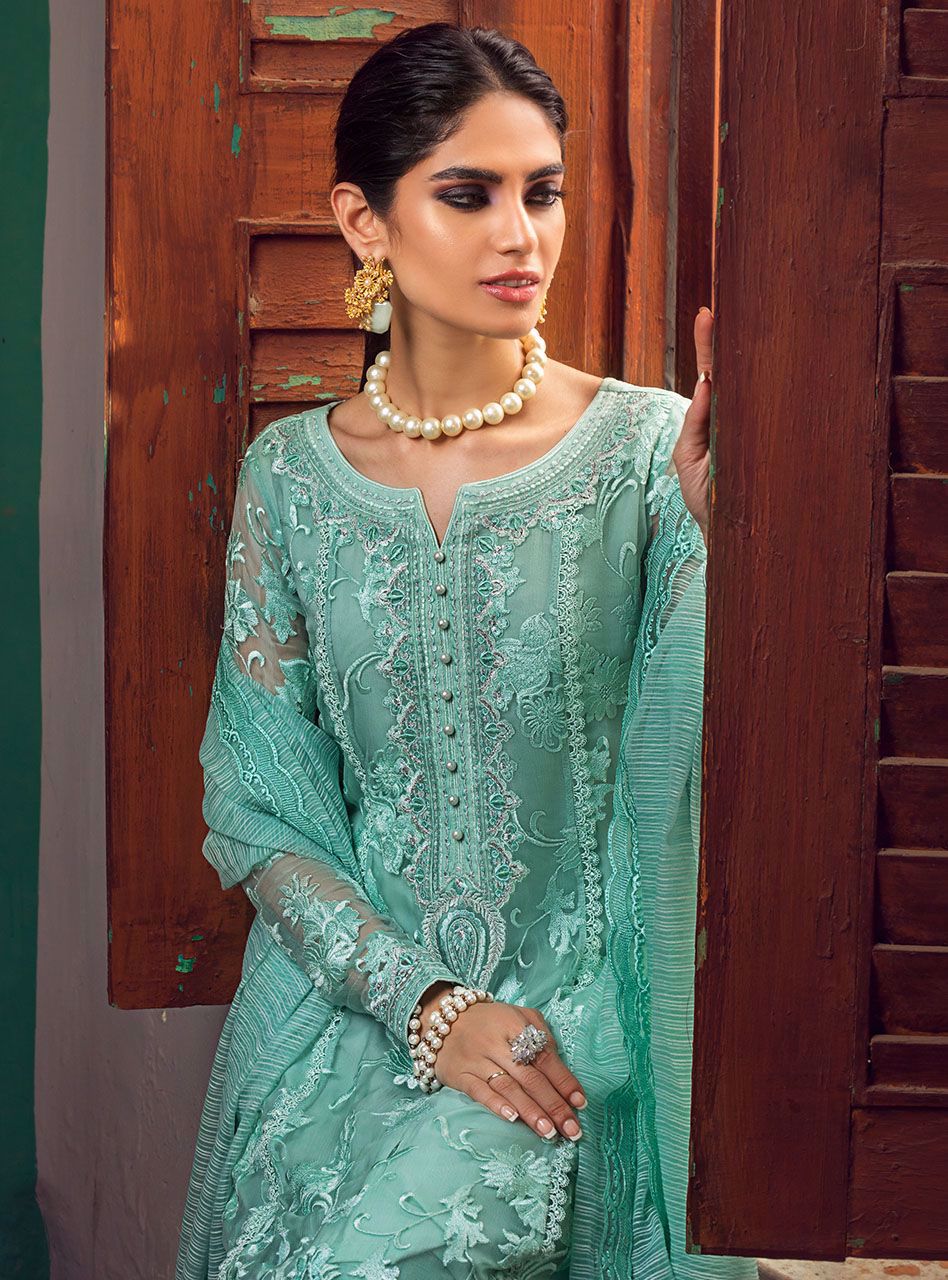 Pakistani Aqua Embroidered Chiffon Salwar Kameez (3-Piece) - Image 4