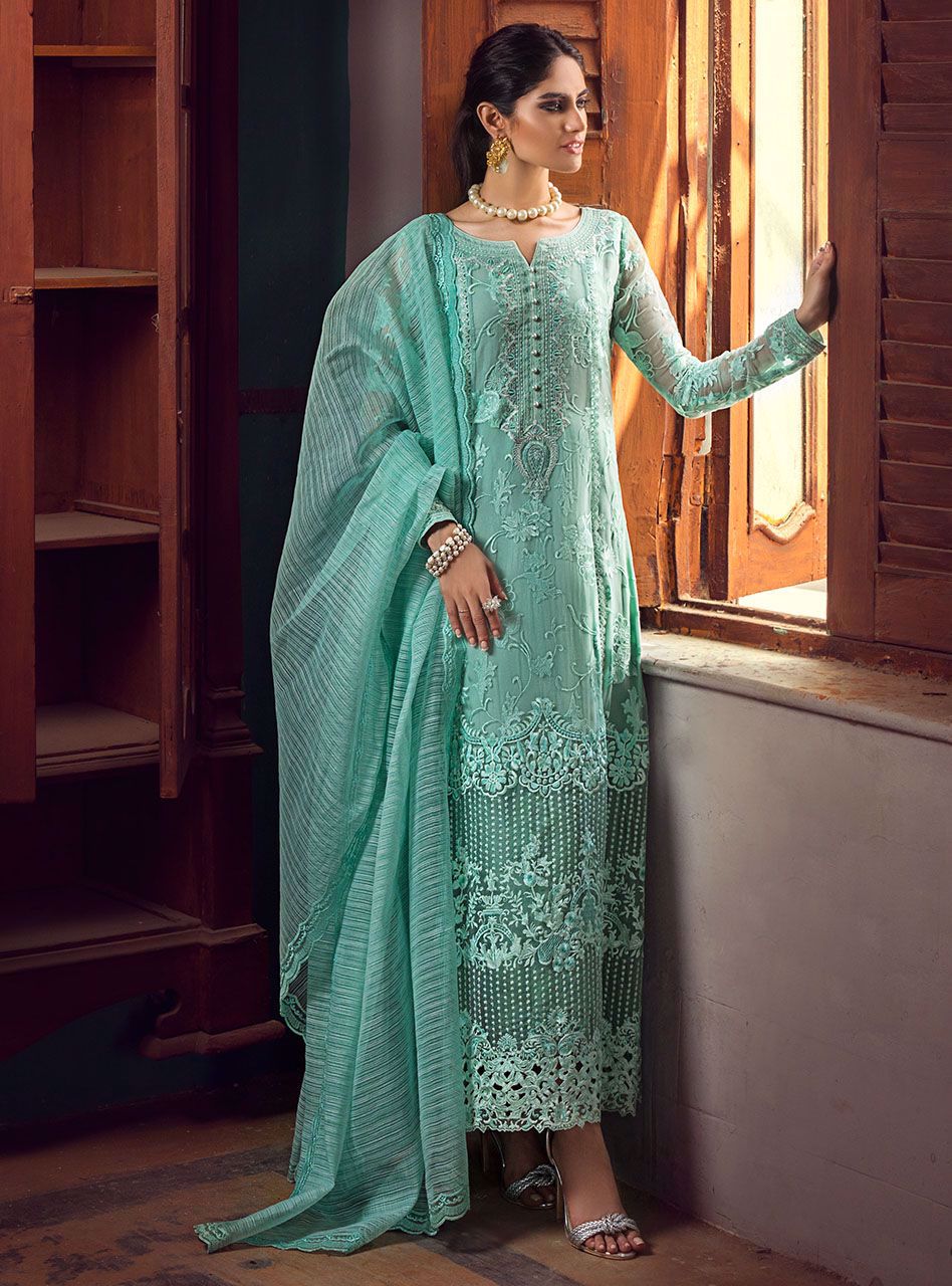 Pakistani Aqua Embroidered Chiffon Salwar Kameez (3-Piece) - Image 5