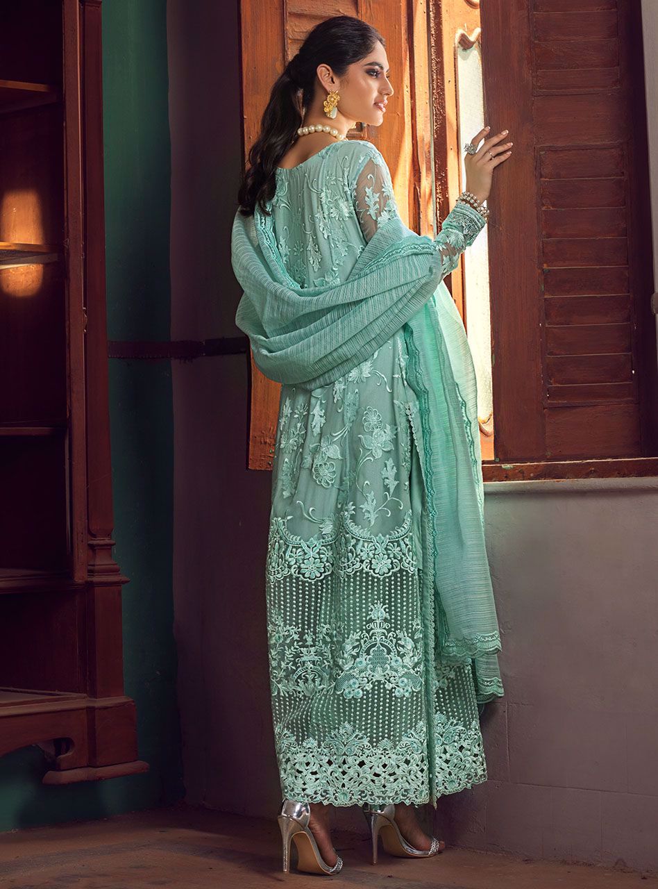 Pakistani Aqua Embroidered Chiffon Salwar Kameez (3-Piece) - Image 6