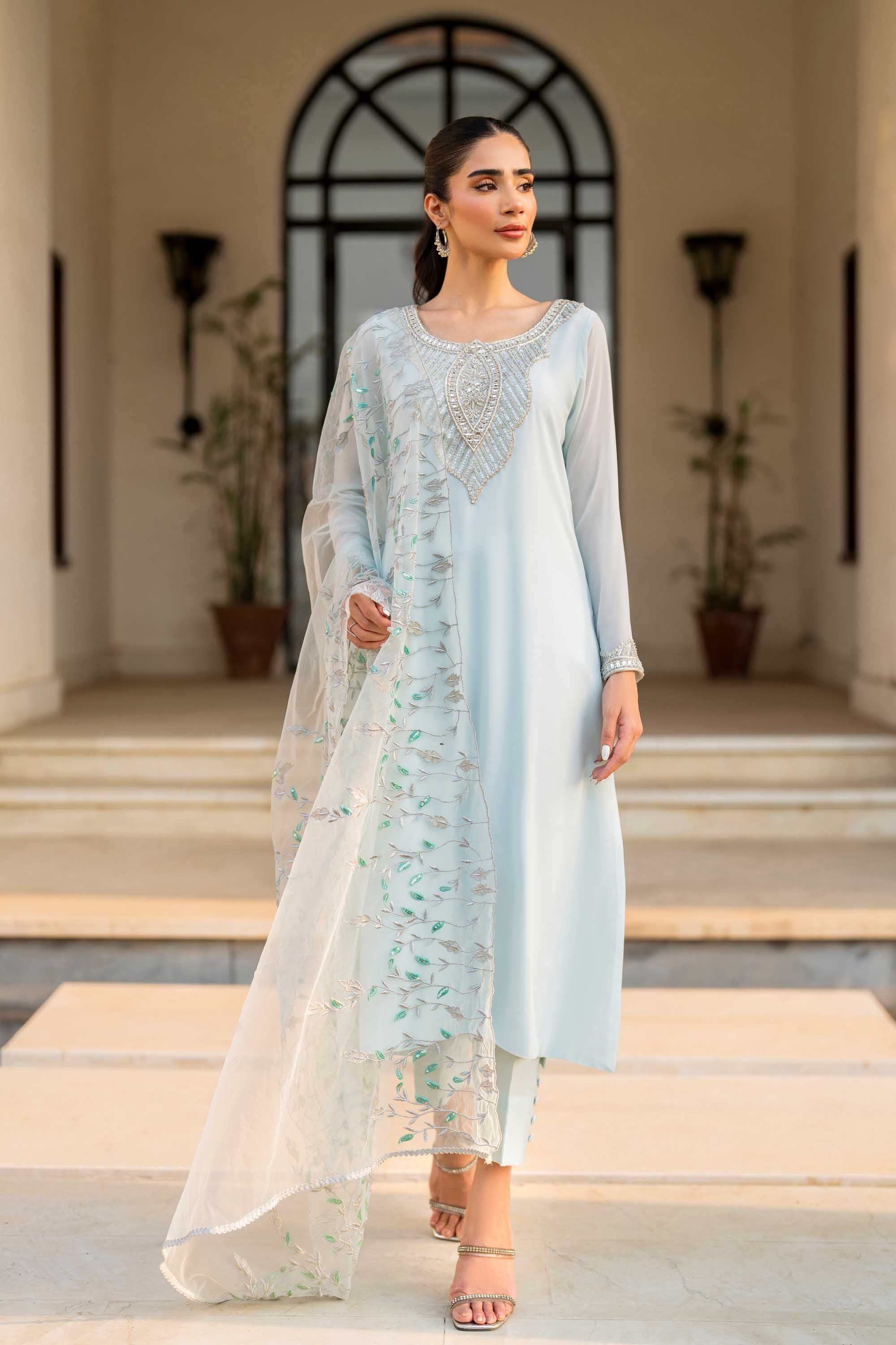 Pakistani Aqua Crystal Embellished Chiffon Salwar Kameez (3-Piece) - Image 3