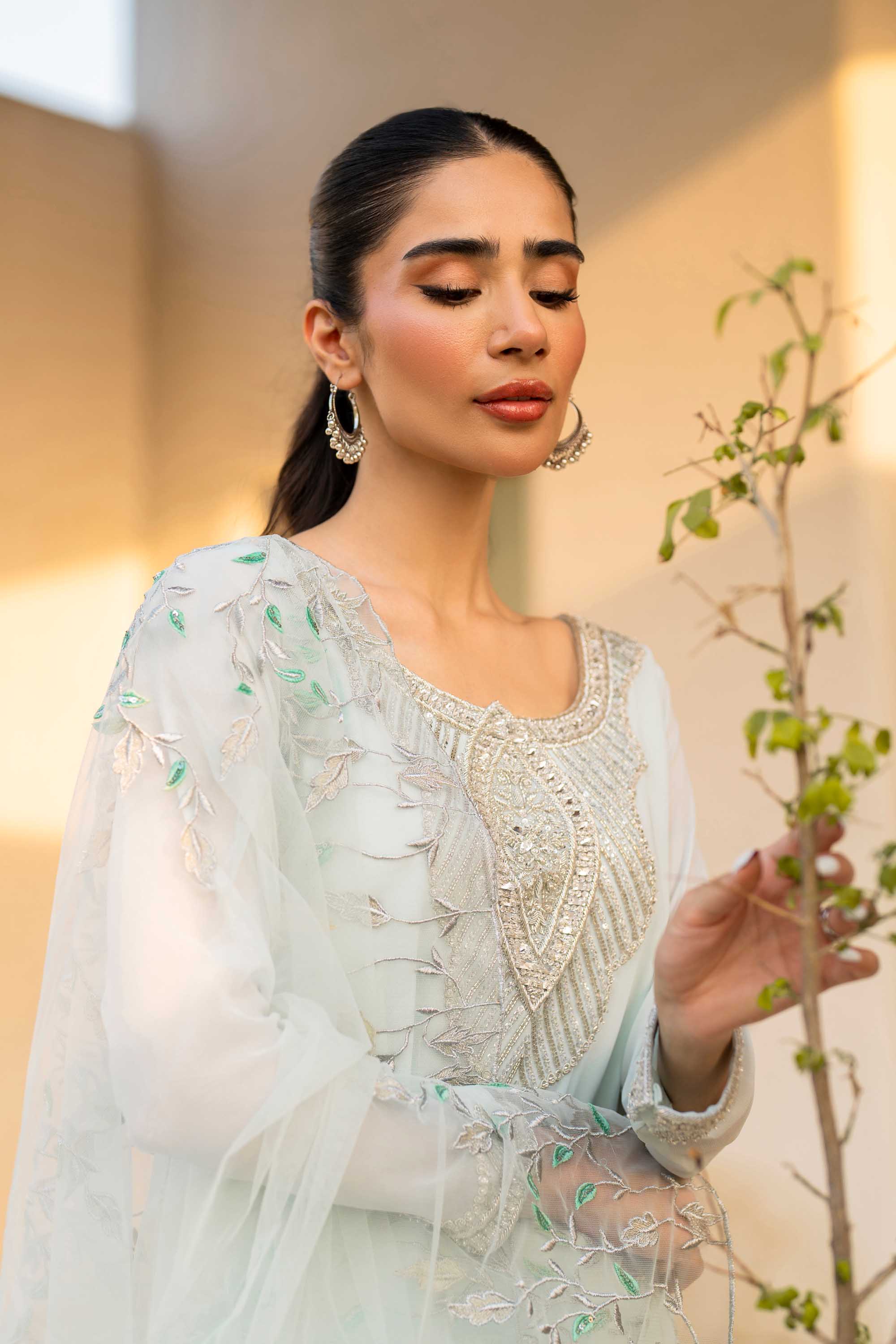 Pakistani Aqua Crystal Embellished Chiffon Salwar Kameez (3-Piece) - Image 4