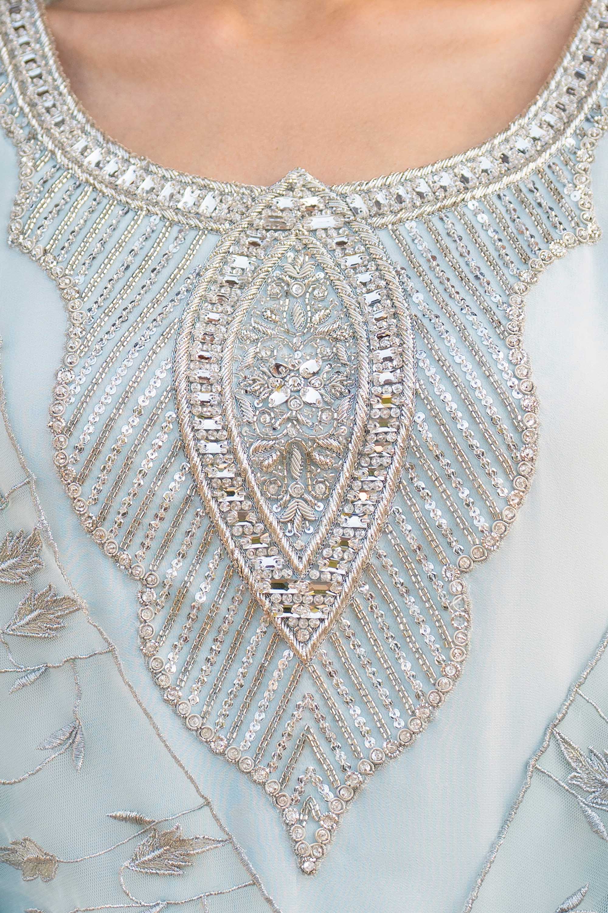 Pakistani Aqua Crystal Embellished Chiffon Salwar Kameez (3-Piece) - Image 6