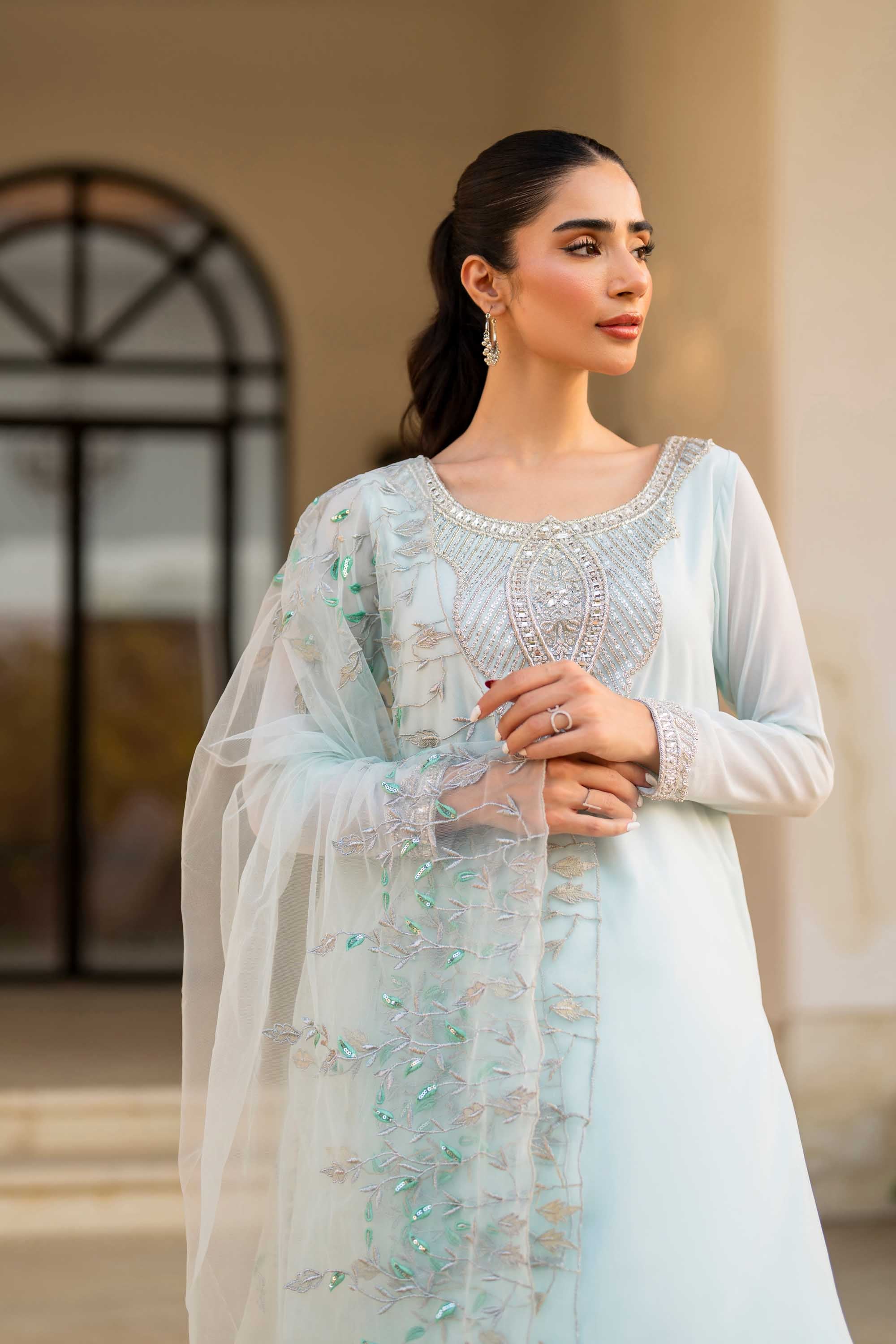 Pakistani Aqua Crystal Embellished Chiffon Salwar Kameez (3-Piece) - Image 7