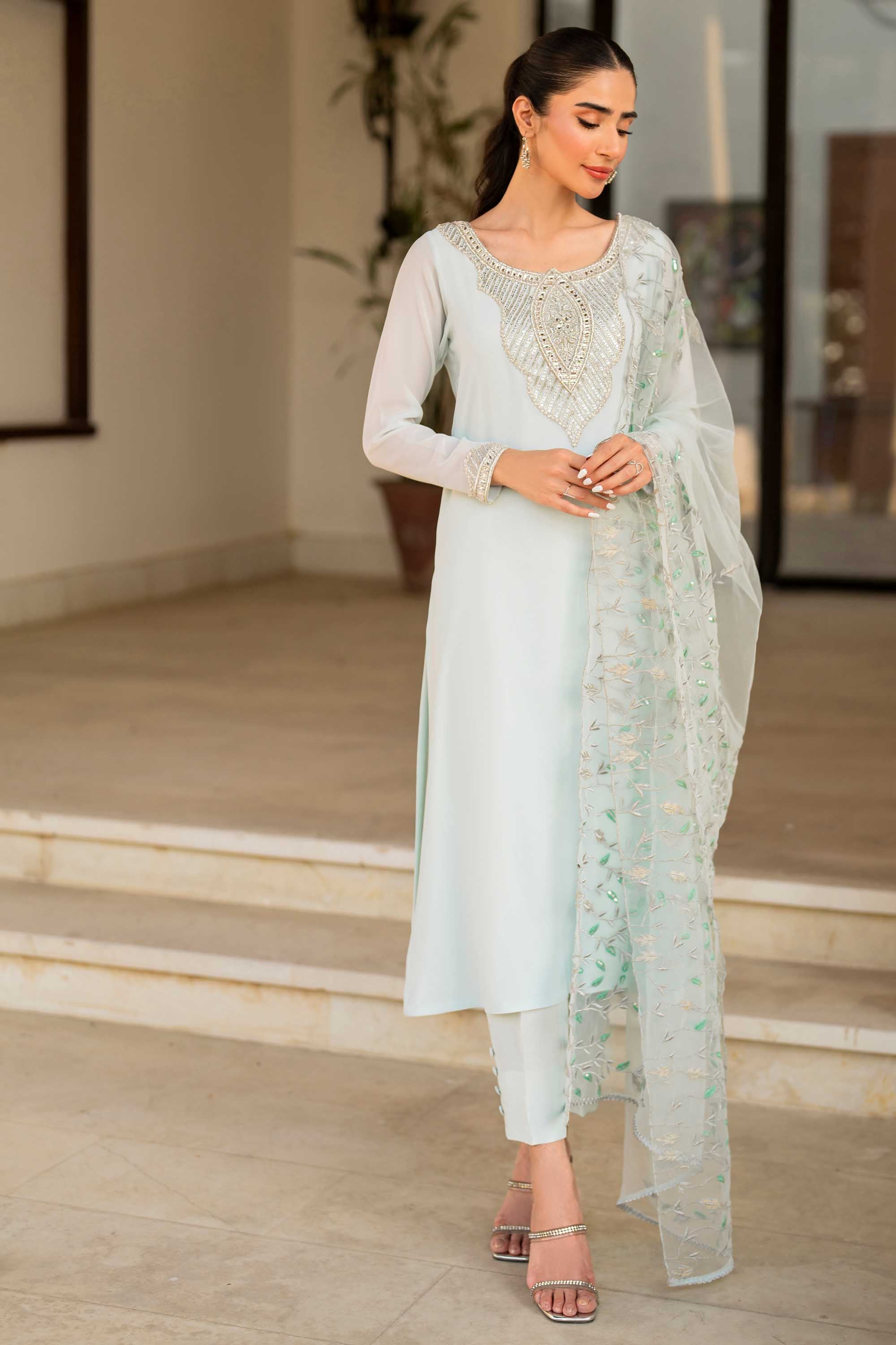 Pakistani Aqua Crystal Embellished Chiffon Salwar Kameez (3-Piece) - Image 8