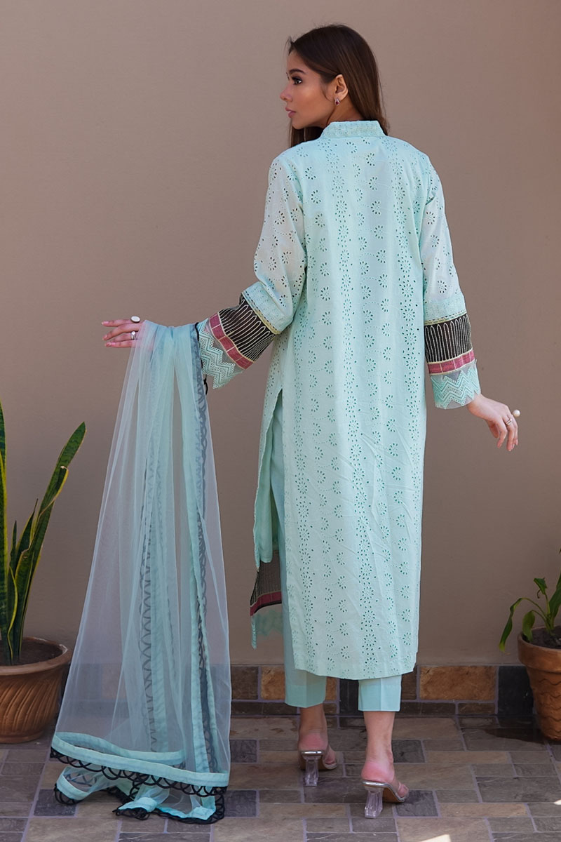 Powder Blue Hand-Embroidered Chikan Cotton Salwar Kameez (3-Piece) - Image 2