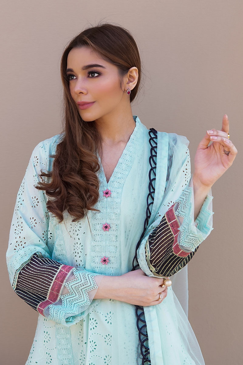 Powder Blue Hand-Embroidered Chikan Cotton Salwar Kameez (3-Piece) - Image 3